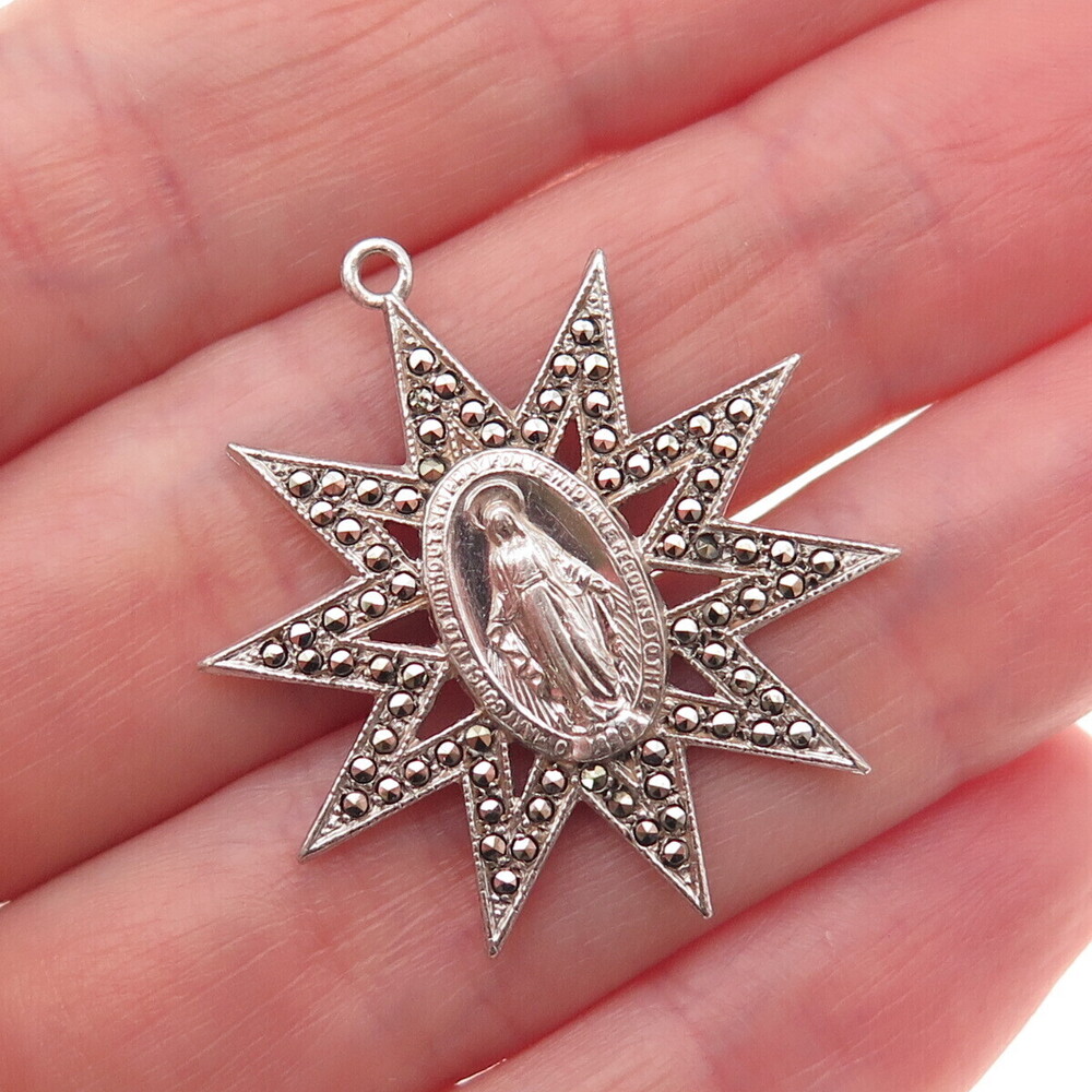 925 Sterling Silver Antique Art Deco Real Marcasite St. Mary Miraculous Pendant